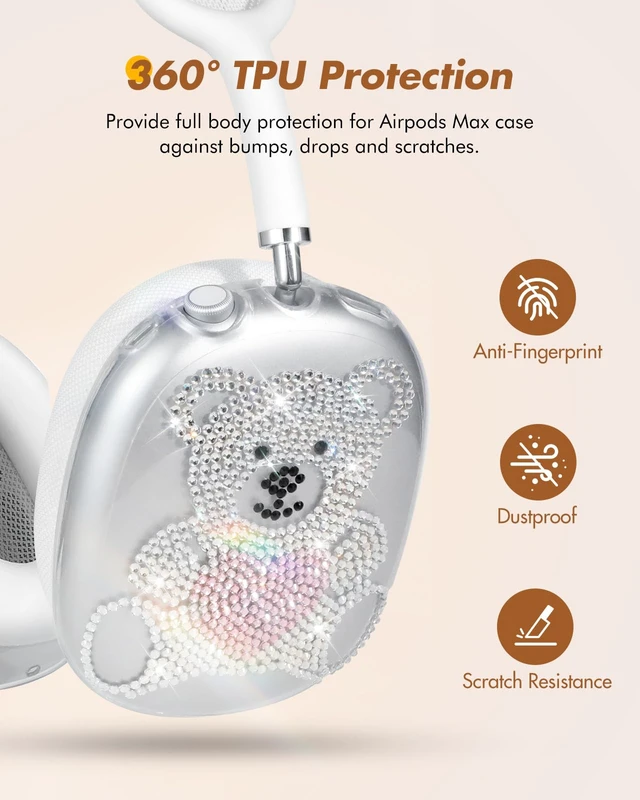 Alt view image 2 of 6 - for Airpods Max Headphone Case - Durable Soft TPU Protective Cover (Anti-Scratch,Anti-Fingerprint) for AirPods Max Cover,Clear Bling Headphones Case with Sticky Rhinestones for Women,Bear