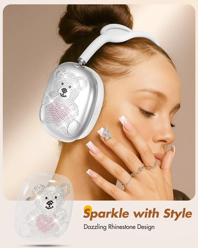 Alt view image 5 of 6 - for Airpods Max Headphone Case - Durable Soft TPU Protective Cover (Anti-Scratch,Anti-Fingerprint) for AirPods Max Cover,Clear Bling Headphones Case with Sticky Rhinestones for Women,Bear