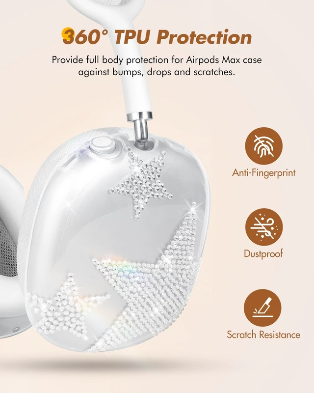 Alt view image 2 of 6 - for Airpods Max Headphone Case - Durable Soft TPU Protective Cover (Anti-Scratch,Anti-Fingerprint) for AirPods Max Cover,Clear Bling Headphones Case with Sticky Rhinestones for Women,Star