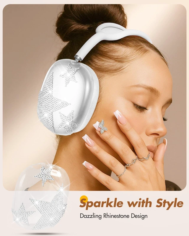 Alt view image 5 of 6 - for Airpods Max Headphone Case - Durable Soft TPU Protective Cover (Anti-Scratch,Anti-Fingerprint) for AirPods Max Cover,Clear Bling Headphones Case with Sticky Rhinestones for Women,Star