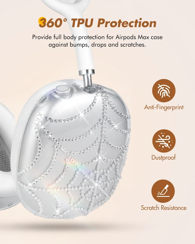 Alt view image 2 of 6 - for Airpods Max Headphone Case - Durable Soft TPU Protective Cover (Anti-Scratch,Anti-Fingerprint) for AirPods Max Cover,Clear Headphones Case with Sticky Rhinestones for Women,Spider Web
