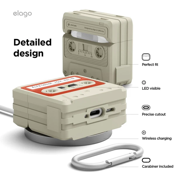 Alt view image 6 of 7 - Cassette Tape Case for AirPods 5 & AirPods 4 Carabiner Included, Supports Wireless Charging, Shock Resistant, Full Protection, Headphone Accessories (Classic White)