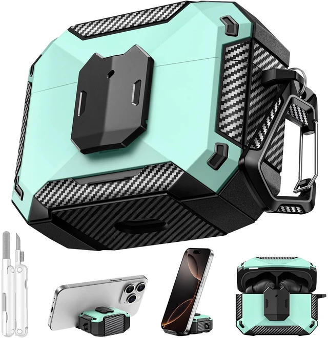 Main image of Case Cover for JBL Vibe Beam 2/JBL Vibe Beam with Lock & Phone Stand(Green) Protective Cover for JBL Vibe 200TWS with Carabiner & Cleaner Kit for Men Women for JBL Vibe Beam 2 Charging Case