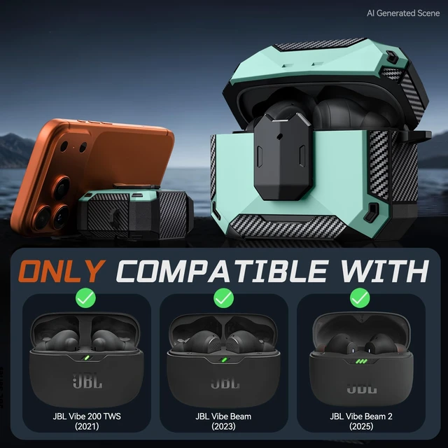 Alt view image 2 of 7 - Case Cover for JBL Vibe Beam 2/JBL Vibe Beam with Lock & Phone Stand(Green) Protective Cover for JBL Vibe 200TWS with Carabiner & Cleaner Kit for Men Women for JBL Vibe Beam 2 Charging Case