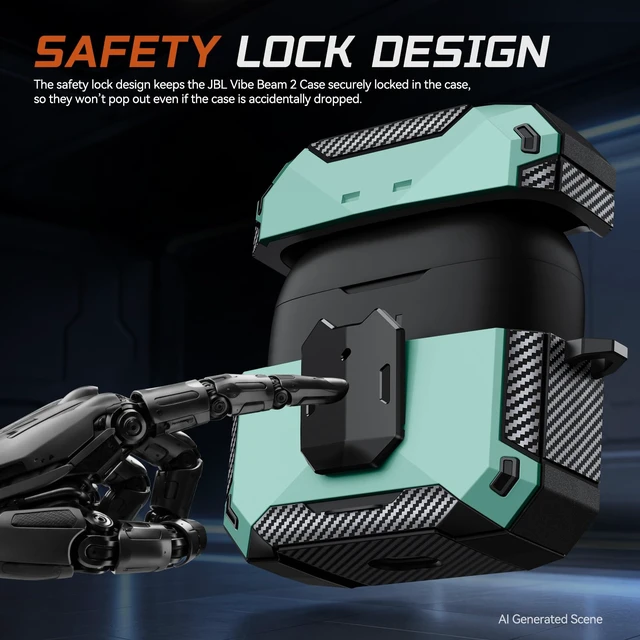 Alt view image 3 of 7 - Case Cover for JBL Vibe Beam 2/JBL Vibe Beam with Lock & Phone Stand(Green) Protective Cover for JBL Vibe 200TWS with Carabiner & Cleaner Kit for Men Women for JBL Vibe Beam 2 Charging Case