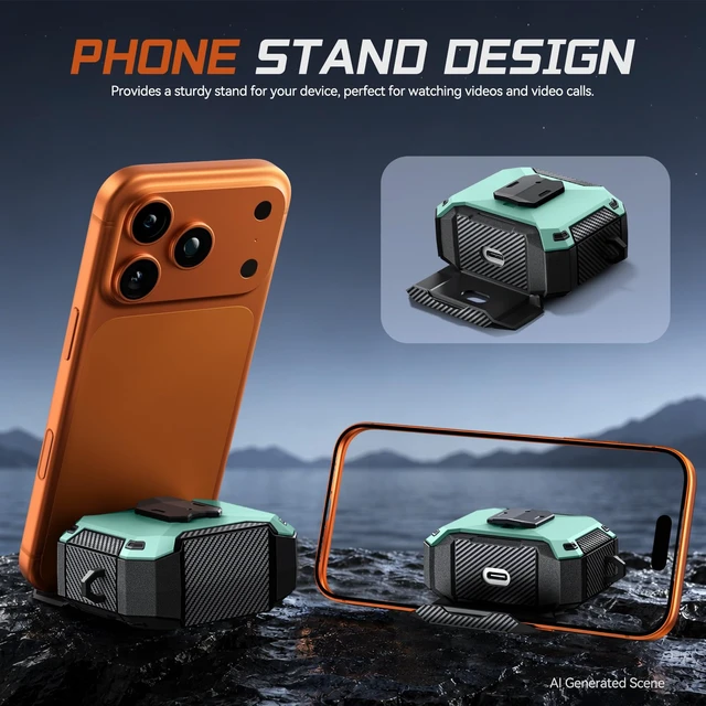 Alt view image 4 of 7 - Case Cover for JBL Vibe Beam 2/JBL Vibe Beam with Lock & Phone Stand(Green) Protective Cover for JBL Vibe 200TWS with Carabiner & Cleaner Kit for Men Women for JBL Vibe Beam 2 Charging Case