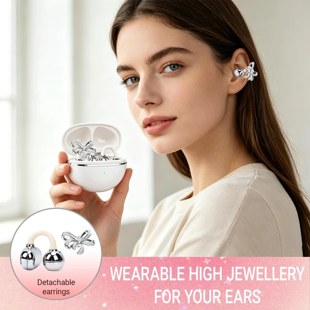 Alt view image 2 of 7 - 2026 New Clip-On Open Ear Earbuds with Detachable Butterfly Earrings, Bluetooth 6.0 Wireless Headphones for Women, 40H Playtime with Small Ears, Sports & Workouts, Great Gift, White