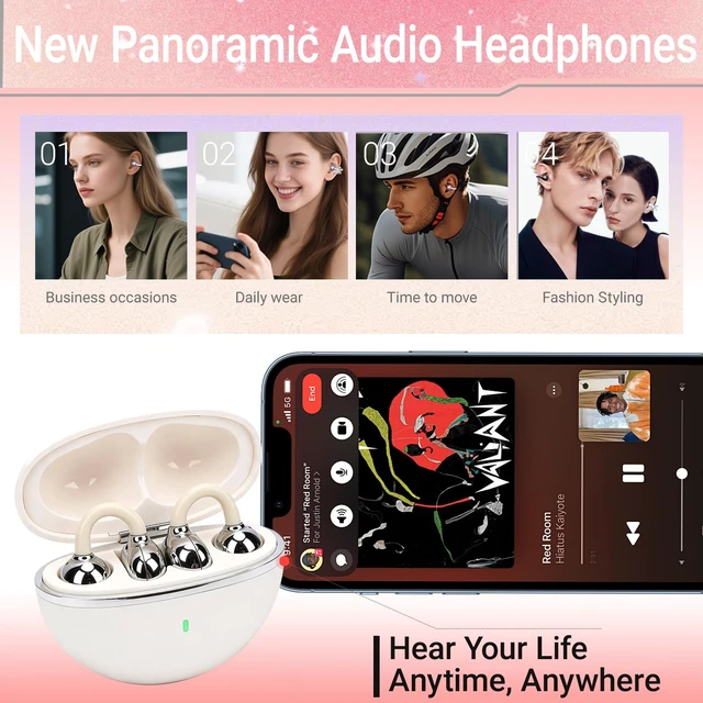 Alt view image 4 of 7 - 2026 New Clip-On Open Ear Earbuds with Detachable Butterfly Earrings, Bluetooth 6.0 Wireless Headphones for Women, 40H Playtime with Small Ears, Sports & Workouts, Great Gift, White