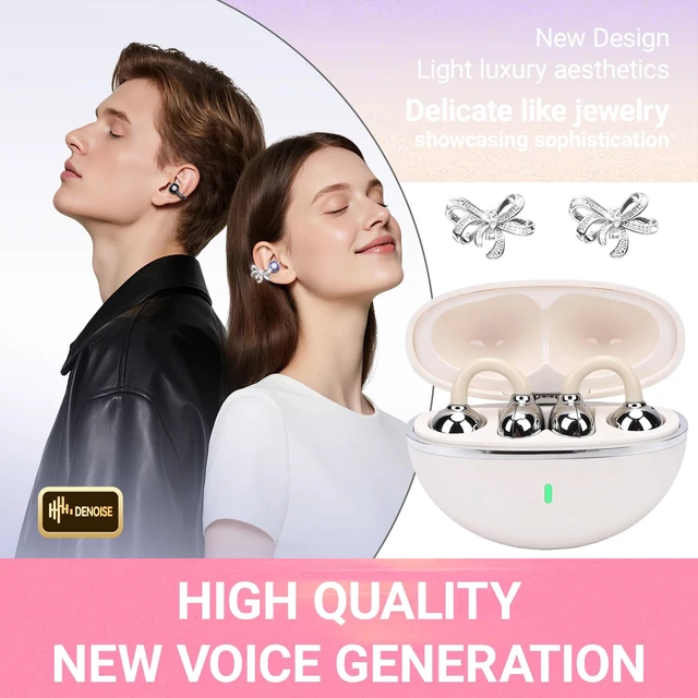 Alt view image 3 of 7 - 2026 New Clip-On Open Ear Earbuds with Detachable Butterfly Earrings, Bluetooth 6.0 Wireless Headphones for Women, 40H Playtime with Small Ears, Sports & Workouts, Great Gift, White