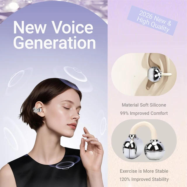 Alt view image 6 of 7 - 2026 New Clip-On Open Ear Earbuds with Detachable Butterfly Earrings, Bluetooth 6.0 Wireless Headphones for Women, 40H Playtime with Small Ears, Sports & Workouts, Great Gift, White