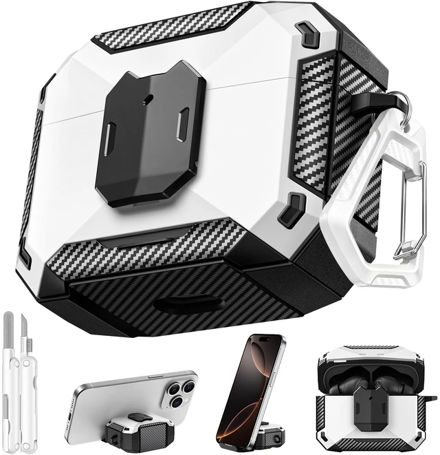 Main image of Case Cover for JBL Vibe Beam 2/JBL Vibe Beam with Lock & Phone Stand(White) Protective Cover for JBL Vibe 200TWS with Carabiner & Cleaner Kit for Men Women for JBL Vibe Beam 2 Charging Case