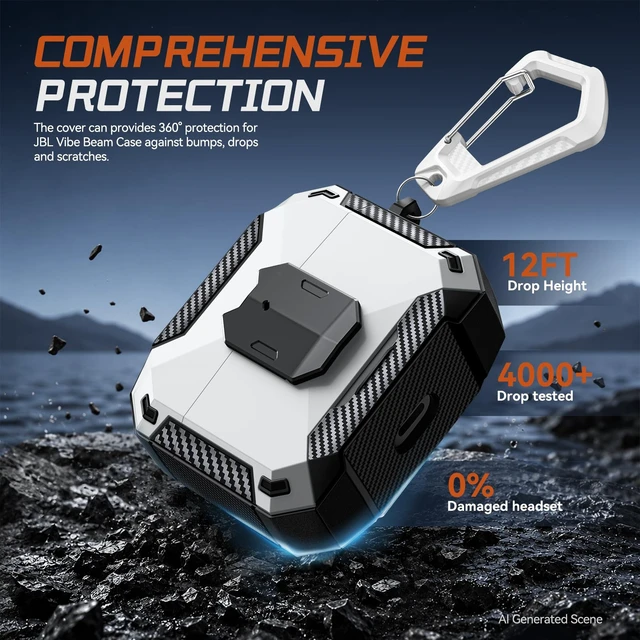 Alt view image 5 of 7 - Case Cover for JBL Vibe Beam 2/JBL Vibe Beam with Lock & Phone Stand(White) Protective Cover for JBL Vibe 200TWS with Carabiner & Cleaner Kit for Men Women for JBL Vibe Beam 2 Charging Case