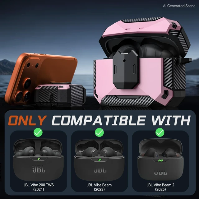 Alt view image 2 of 7 - Case Cover for JBL Vibe Beam 2/JBL Vibe Beam with Lock & Phone Stand(Pink) Protective Cover for JBL Vibe 200TWS with Carabiner & Cleaner Kit for Men Women for JBL Vibe Beam 2 Charging Case