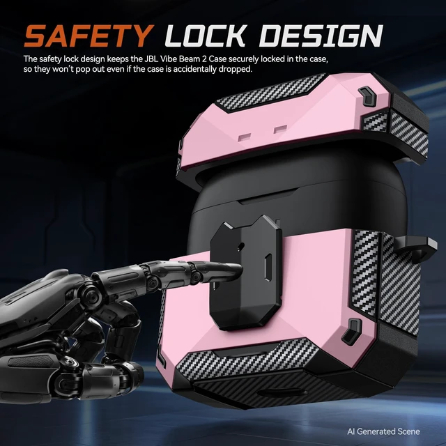 Alt view image 3 of 7 - Case Cover for JBL Vibe Beam 2/JBL Vibe Beam with Lock & Phone Stand(Pink) Protective Cover for JBL Vibe 200TWS with Carabiner & Cleaner Kit for Men Women for JBL Vibe Beam 2 Charging Case