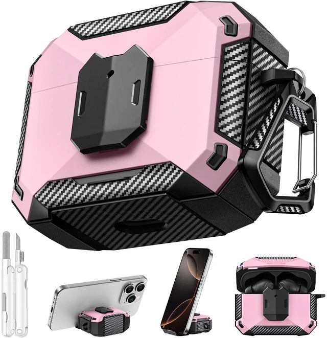 Main image of Case Cover for JBL Vibe Beam 2/JBL Vibe Beam with Lock & Phone Stand(Pink) Protective Cover for JBL Vibe 200TWS with Carabiner & Cleaner Kit for Men Women for JBL Vibe Beam 2 Charging Case
