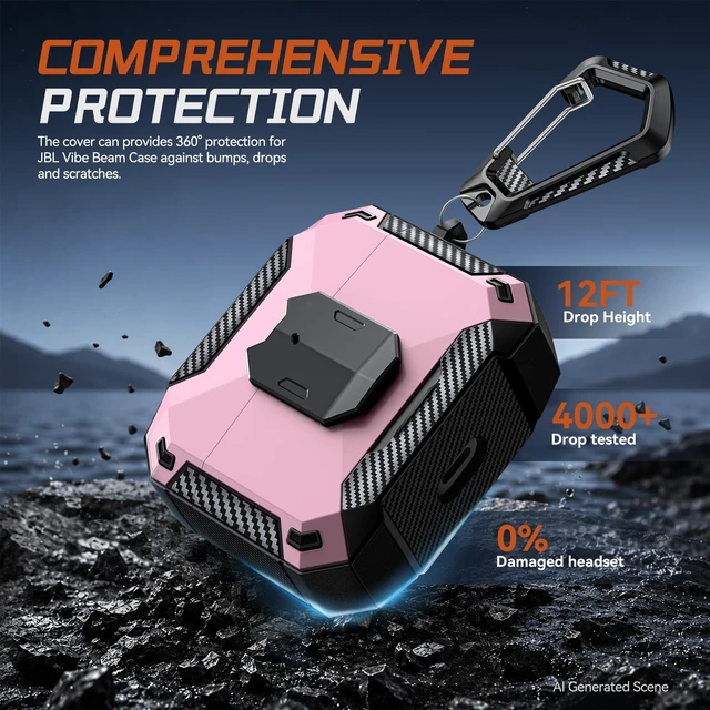 Alt view image 5 of 7 - Case Cover for JBL Vibe Beam 2/JBL Vibe Beam with Lock & Phone Stand(Pink) Protective Cover for JBL Vibe 200TWS with Carabiner & Cleaner Kit for Men Women for JBL Vibe Beam 2 Charging Case