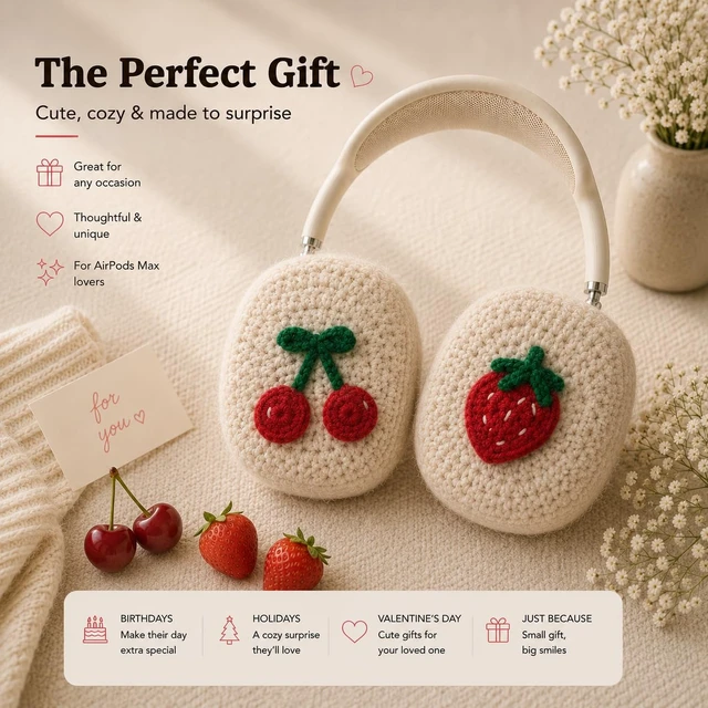 Alt view image 7 of 7 - Handmade Airpods Max Cover - Apple Headphone Cover Cute Design Crochet, Airpod Max Ear Covers, Airpod Max Accessories, Apple Max Pro Headphone Covers, Air Pod Max Stylish Design (Red Cherry)