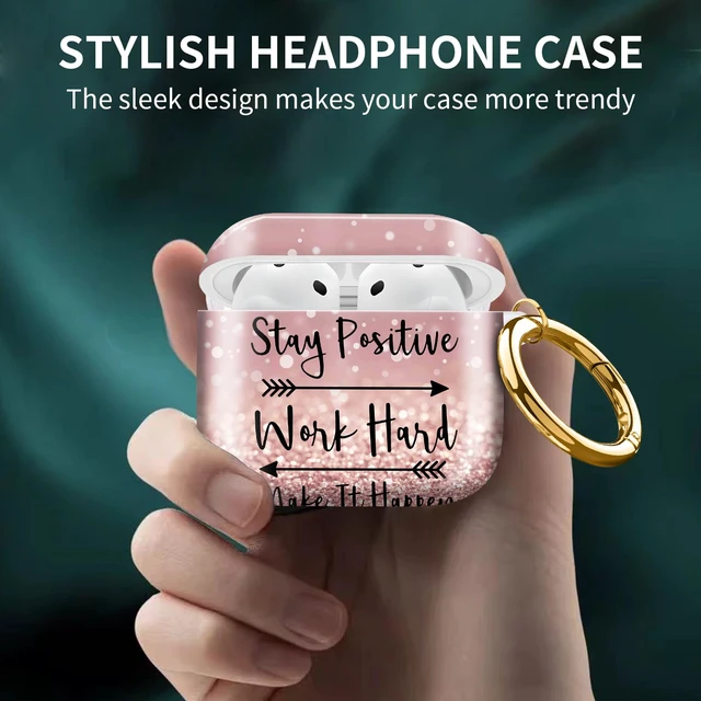 Alt view image 2 of 6 - Cute Case Cover Compatible with AirPod 4th Generation 2024, Shockproof for Women & Girls with Cute Golden Round Buckle Protective, Anti-Drop Design(Pink Inspirational Quotes)