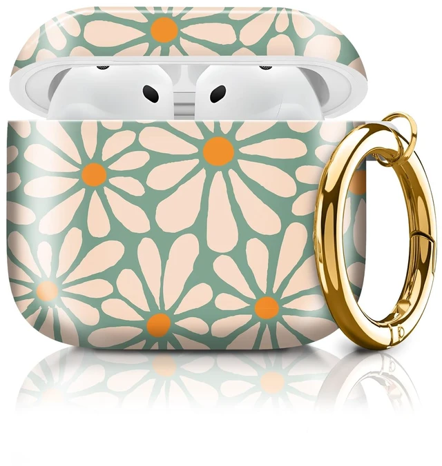 Main image of Cute Case Cover Compatible with AirPod 4th Generation 2024, Shockproof for Women & Girls with Cute Golden Round Buckle Protective, Anti-Drop Design(Green Daisy Flowers)