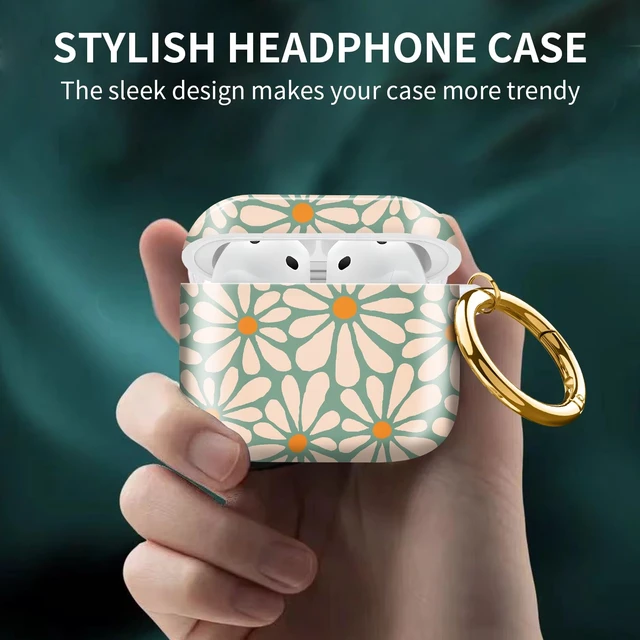 Alt view image 2 of 6 - Cute Case Cover Compatible with AirPod 4th Generation 2024, Shockproof for Women & Girls with Cute Golden Round Buckle Protective, Anti-Drop Design(Green Daisy Flowers)