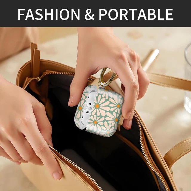 Alt view image 5 of 6 - Cute Case Cover Compatible with AirPod 4th Generation 2024, Shockproof for Women & Girls with Cute Golden Round Buckle Protective, Anti-Drop Design(Green Daisy Flowers)