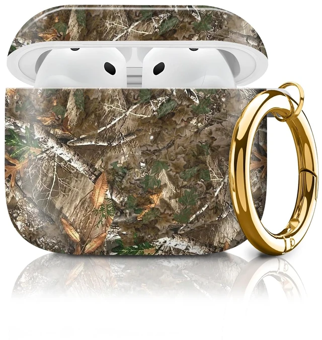 Main image of Cute Case Cover Compatible with AirPod 4th Generation 2024, Shockproof for Women & Girls with Cute Golden Round Buckle Protective, Anti-Drop Design(Forest Camouflage)