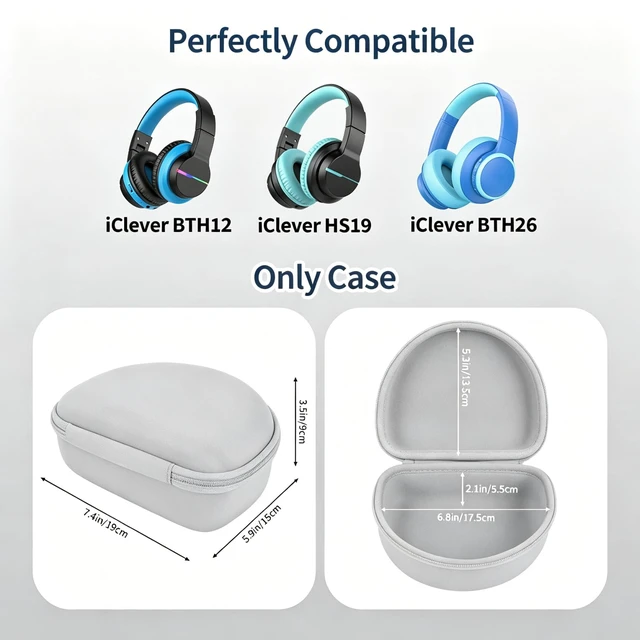 Alt view image 2 of 7 - Case for iClever BTH12/HS19/BTH26 Kids Headphones, Gray Protective Carrying Bag Hard Shell Shockproof, Portable Headphone Storage with Mesh Bag Lightweight Boys &Girls