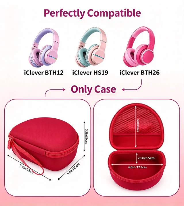 Alt view image 2 of 7 - Case for iClever BTH12/HS19/BTH26 Kids Headphones, Red Protective Carrying Bag Hard Shell Shockproof, Portable Headphone Storage with Mesh Bag Lightweight Boys &Girls