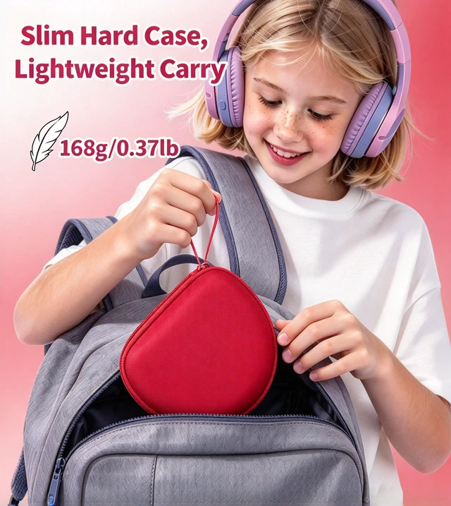 Alt view image 3 of 7 - Case for iClever BTH12/HS19/BTH26 Kids Headphones, Red Protective Carrying Bag Hard Shell Shockproof, Portable Headphone Storage with Mesh Bag Lightweight Boys &Girls