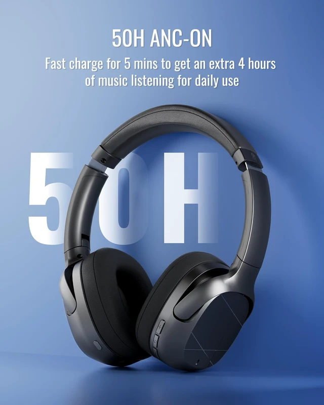 Alt view image 4 of 7 - Hybrid Active Noise Cancelling Headphones, Wireless Over Ear Bluetooth 50H Long ANC Playtime, Rotatable and Foldable, HiFi Audio Deep Bass, Customized EQ via APP, Transparency Mode (Matte Black)