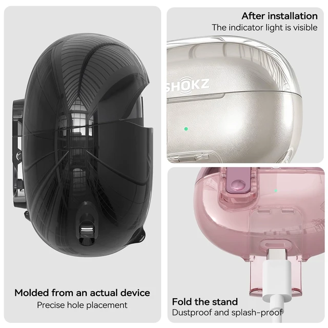 Alt view image 7 of 7 - for SHOKZ OpenDots ONE Case with Safety Lock & Phone Stand,Pink Soft TPU Clear Case Drop Protective for SHOKZ OpenDots One's Earbuds with Cleaner Kit & Keychain for Men Women