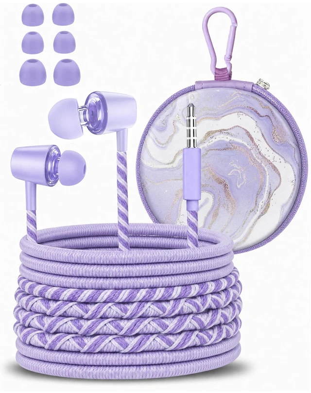 Main image of Teens Wired Earbuds with Braided Cord & Marble Case, Lilac Wired School Earbuds with Purple Braided Tangle-free Cord, Marble Hard case, eartips & Carabiner