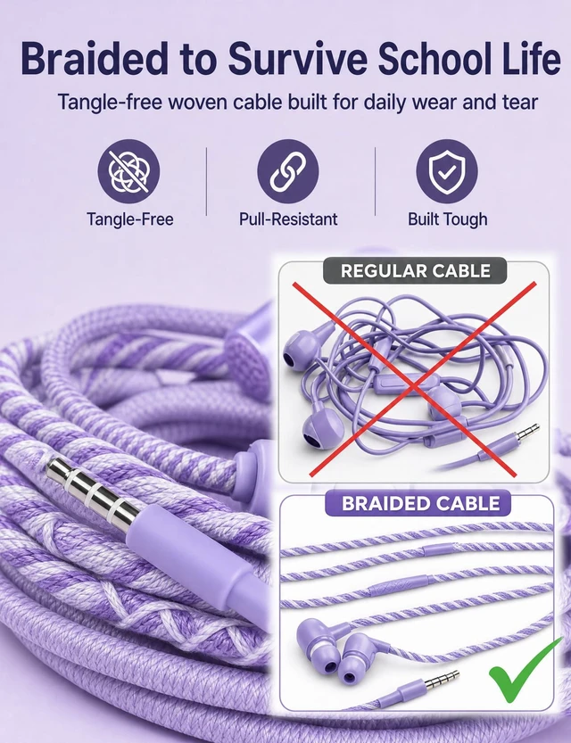 Alt view image 2 of 7 - Teens Wired Earbuds with Braided Cord & Marble Case, Lilac Wired School Earbuds with Purple Braided Tangle-free Cord, Marble Hard case, eartips & Carabiner