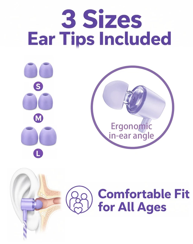 Alt view image 3 of 7 - Teens Wired Earbuds with Braided Cord & Marble Case, Lilac Wired School Earbuds with Purple Braided Tangle-free Cord, Marble Hard case, eartips & Carabiner