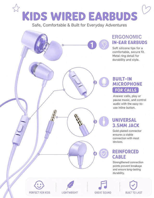 Alt view image 4 of 7 - Teens Wired Earbuds with Braided Cord & Marble Case, Lilac Wired School Earbuds with Purple Braided Tangle-free Cord, Marble Hard case, eartips & Carabiner