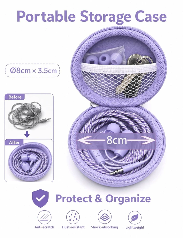Alt view image 5 of 7 - Teens Wired Earbuds with Braided Cord & Marble Case, Lilac Wired School Earbuds with Purple Braided Tangle-free Cord, Marble Hard case, eartips & Carabiner