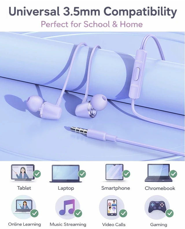 Alt view image 6 of 7 - Teens Wired Earbuds with Braided Cord & Marble Case, Lilac Wired School Earbuds with Purple Braided Tangle-free Cord, Marble Hard case, eartips & Carabiner
