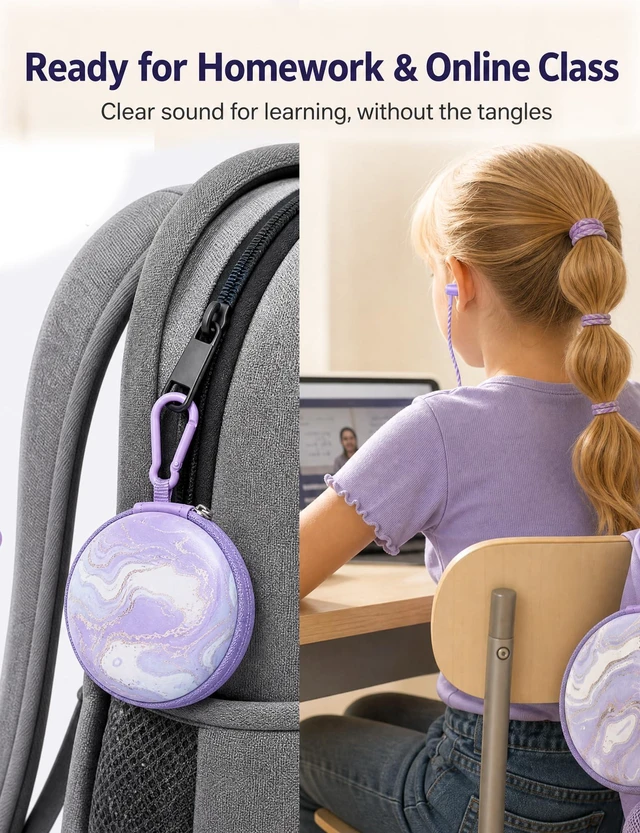 Alt view image 7 of 7 - Teens Wired Earbuds with Braided Cord & Marble Case, Lilac Wired School Earbuds with Purple Braided Tangle-free Cord, Marble Hard case, eartips & Carabiner
