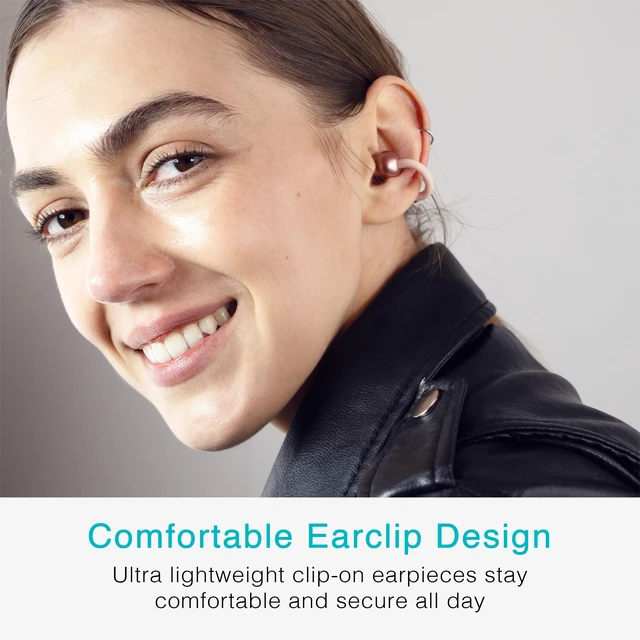 Alt view image 2 of 7 - Pebbles Air Open Ear True Wireless Earbuds - Bluetooth 5.3 Lightweight Earclip Headphones with Headset Microphone & Call Noise Reduction for Gym/Workouts/Sports and Gaming (Rose Gold/Pink)