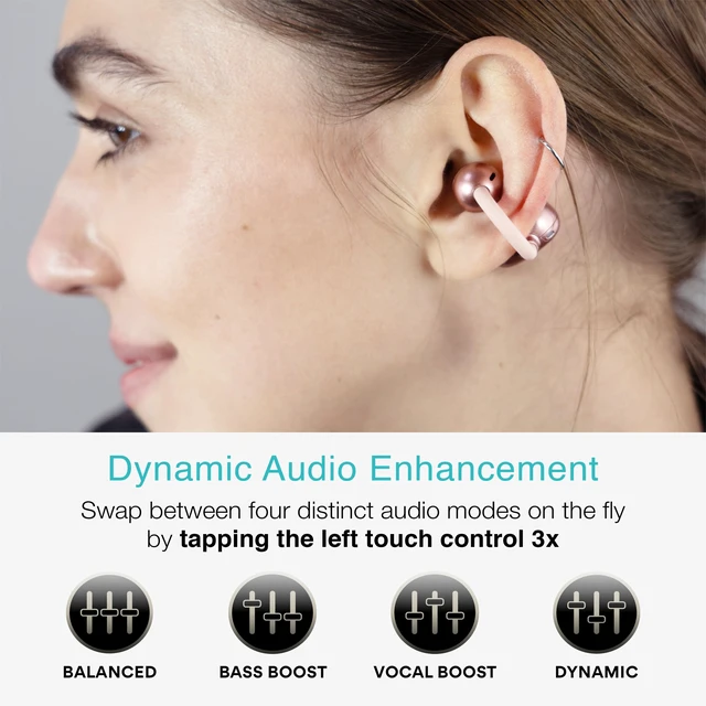 Alt view image 7 of 7 - Pebbles Air Open Ear True Wireless Earbuds - Bluetooth 5.3 Lightweight Earclip Headphones with Headset Microphone & Call Noise Reduction for Gym/Workouts/Sports and Gaming (Rose Gold/Pink)