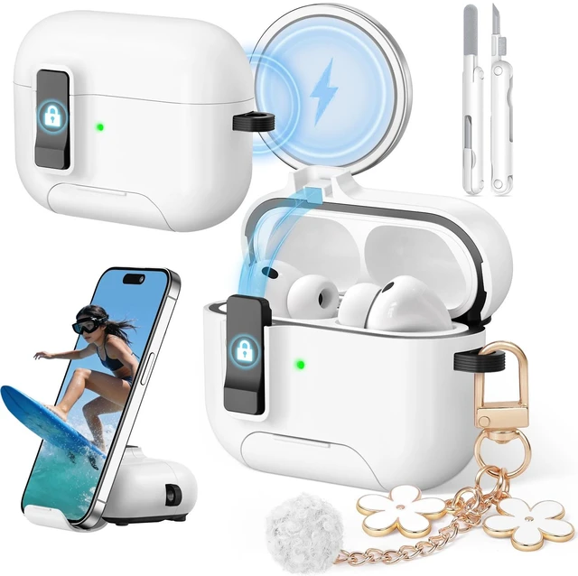 Main image of for AirPods Pro 3 Case (2025) with Lock & Cute Keychain, White Case Cover for Apple AirPods Pro 3rd Generation with Phone Stand & Cleaning Kit for Women Girls, Compatible with MagSafe