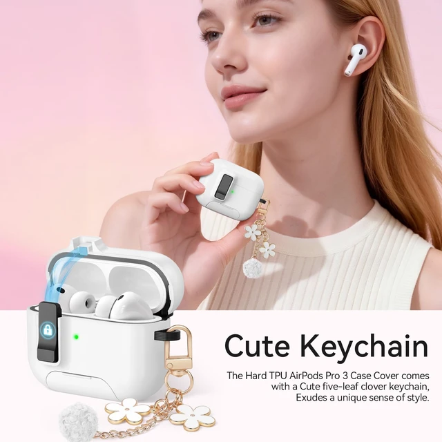 Alt view image 6 of 7 - for AirPods Pro 3 Case (2025) with Lock & Cute Keychain, White Case Cover for Apple AirPods Pro 3rd Generation with Phone Stand & Cleaning Kit for Women Girls, Compatible with MagSafe
