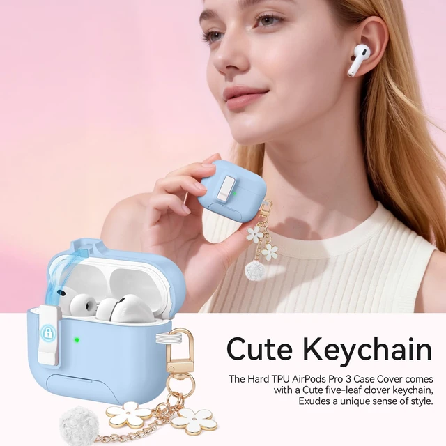 Alt view image 6 of 7 - for AirPods Pro 3 Case (2025) with Lock & Cute Keychain, Sky Blue Case Cover for Apple AirPods Pro 3rd Generation with Phone Stand & Cleaning Kit for Women Girls, Compatible with MagSafe