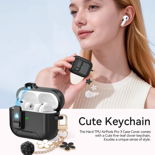 Alt view image 6 of 7 - for AirPods Pro 3 Case (2025) with Lock & Cute Keychain, Black Case Cover for Apple AirPods Pro 3rd Generation with Phone Stand & Cleaning Kit for Women Girls, Compatible with MagSafe