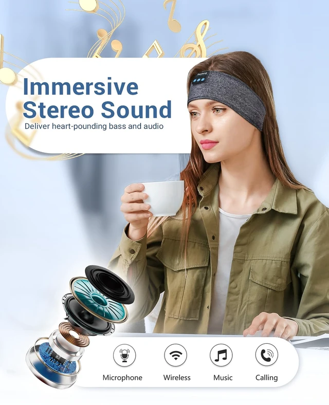 Alt view image 3 of 7 - Sleep Headband Headphones Bluetooth, Sleeping Headphones Wireless for Side Sleepers, Over-Ear Headphones Eye Mask Sports Headband with HD Stereo Speakers for Workout Running Travel Yoga