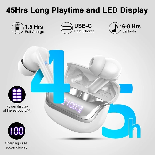 Alt view image 3 of 7 - Wireless Earbuds, Bluetooth 5.4 Headphones Deep Bass Stereo, in-Ear Earphones with ENC Noise Canceling Mics, IP7 Waterproof Wireless Headphones for Android iOS, 45H Playtime Ear Buds Dual LED Display