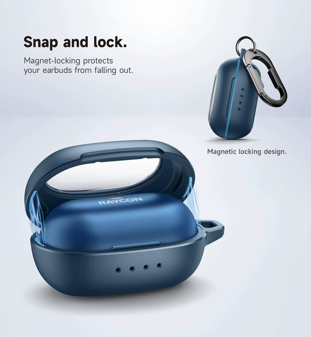 Alt view image 3 of 7 - Case for Raycon Everyday Earbuds Classic Headphones, Shockproof Magnetic Case for Raycon Bluetooth Headset True Wireless Earbuds, Protective Cover with Magnetic Lid Lock & Carabiner, Navy