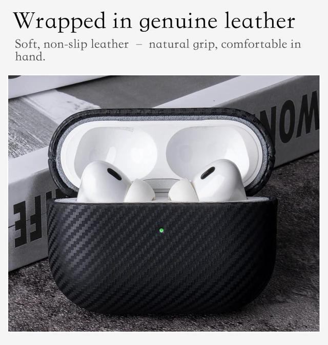 Alt view image 3 of 6 - Envelop Series - Leather Case for AirPods Pro 3rd Generation - Black Hand-crafted Case Fully Wrapped in Top Grain Leather; Carbon Fiber Finish; Soft Microfiber Inner Lining; Qi wireless charging
