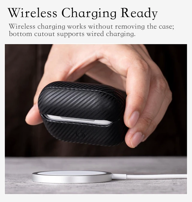 Alt view image 5 of 6 - Envelop Series - Leather Case for AirPods Pro 3rd Generation - Black Hand-crafted Case Fully Wrapped in Top Grain Leather; Carbon Fiber Finish; Soft Microfiber Inner Lining; Qi wireless charging