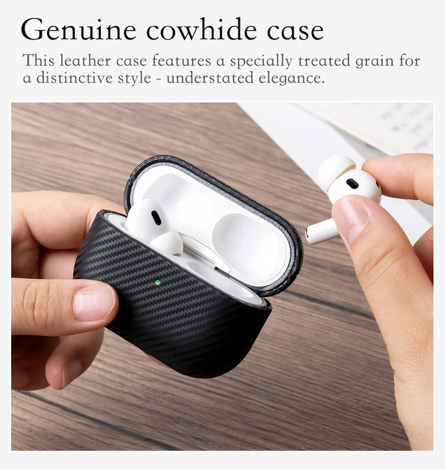 Alt view image 6 of 6 - Envelop Series - Leather Case for AirPods Pro 3rd Generation - Black Hand-crafted Case Fully Wrapped in Top Grain Leather; Carbon Fiber Finish; Soft Microfiber Inner Lining; Qi wireless charging